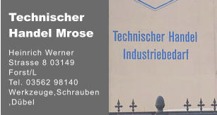 Technischer Handel Mrose Heinrich Werner Strasse 8 03149 Forst/L Tel. 03562 98140 Werkzeuge,Schrauben,Dübel